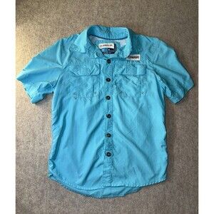 Magellan Boys Size XS Button Down Short Sleeve Fish Shirt Missing Collar Button